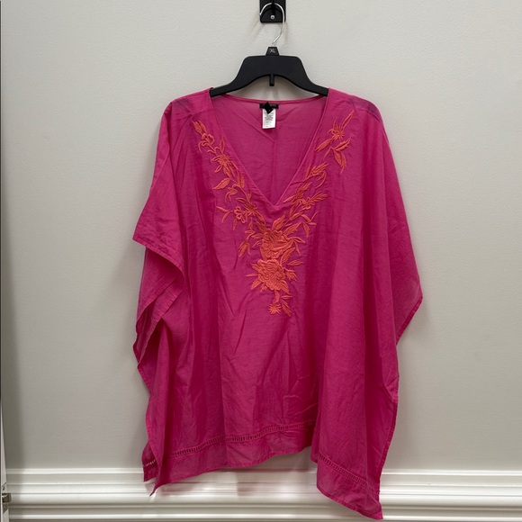Talbots Tops - Talbots Fuchsia Caftan Tunic with Orange Floral Embroidery Sz Large!